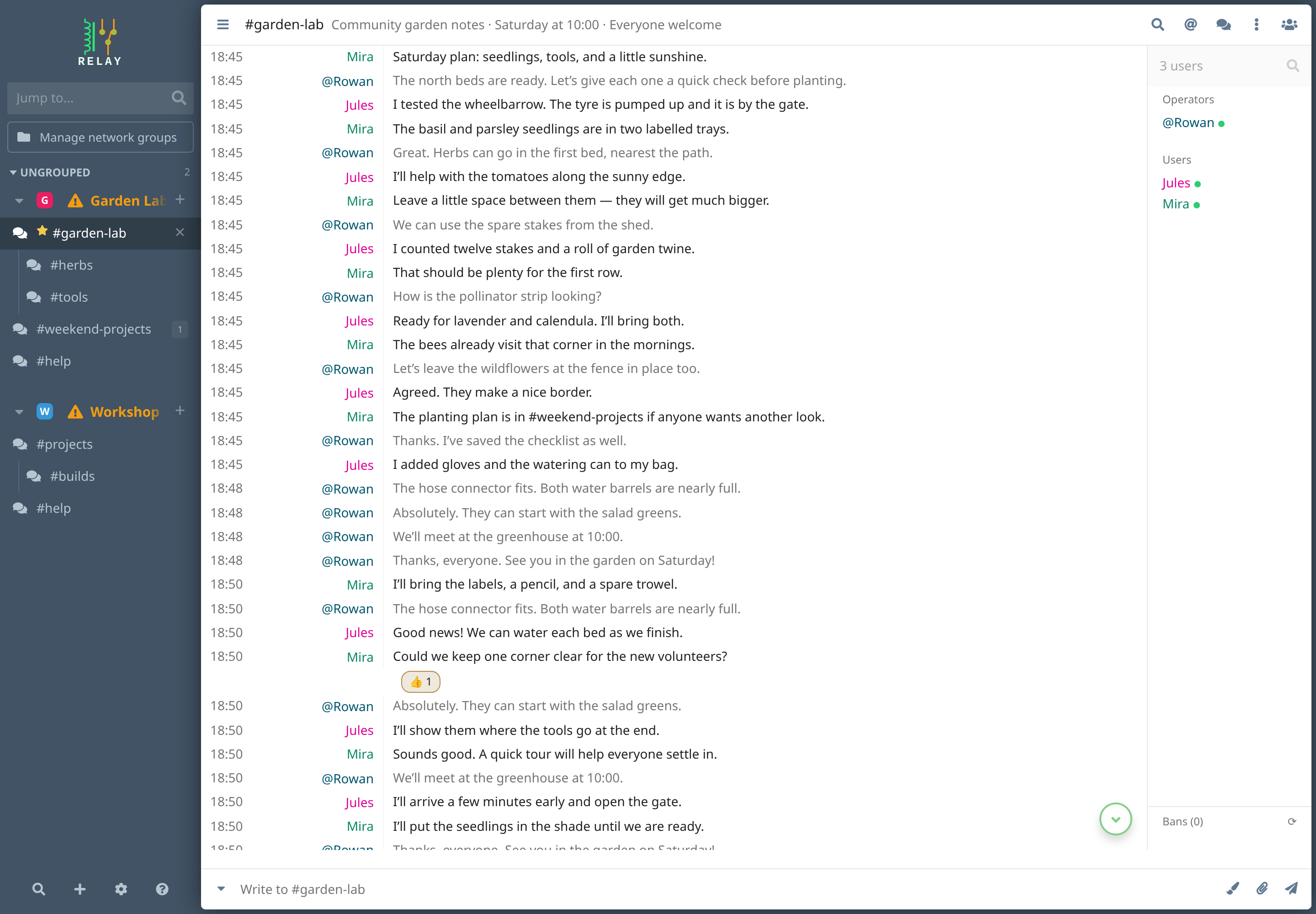 Relay’s sidebar showing the Garden Lab and Workshop networks, a favorite channel, and nested project channels.