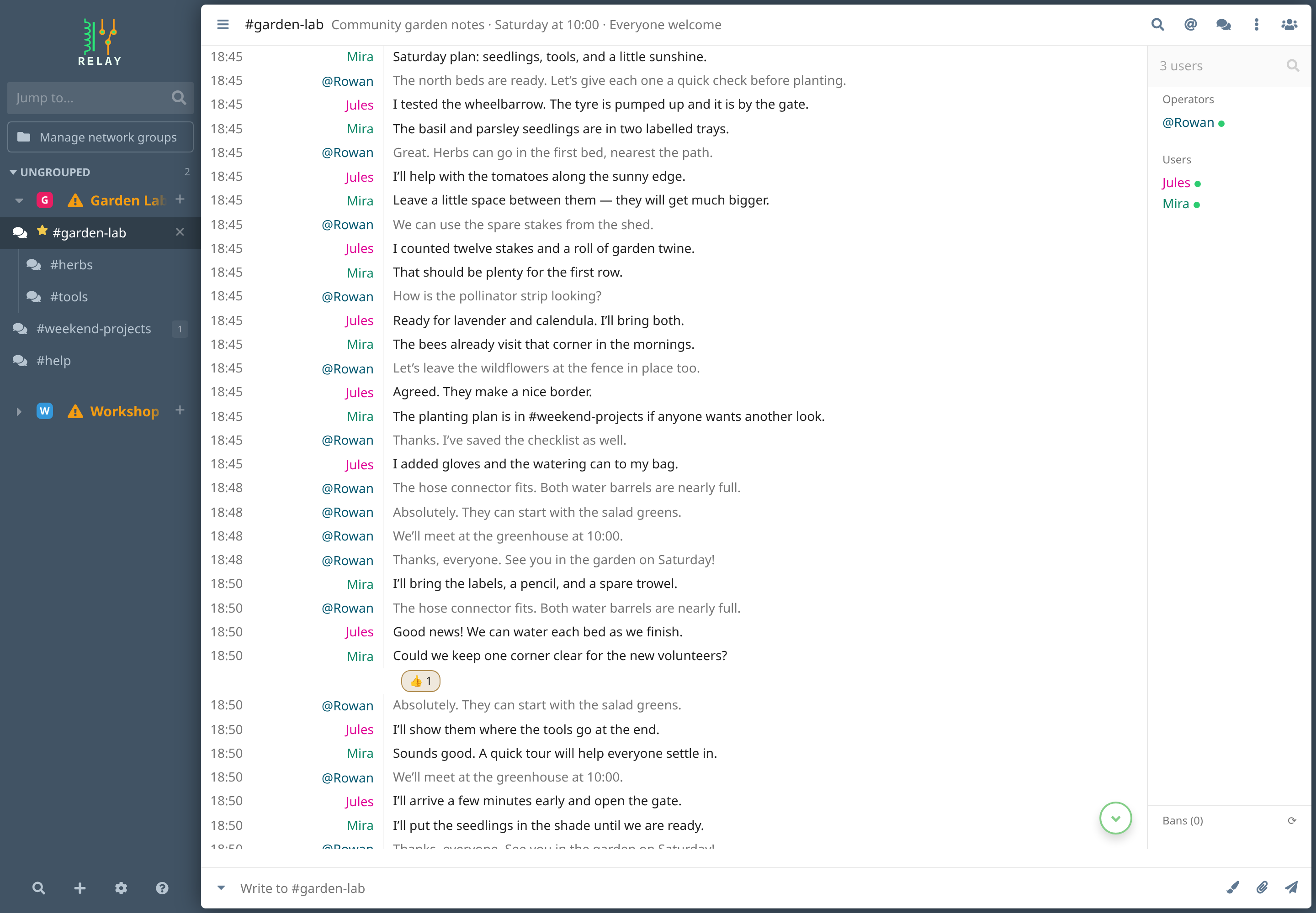 Relay 0.11.0 in the Default theme showing a garden planning conversation among Rowan, Mira, and Jules, with the channel sidebar and member list.