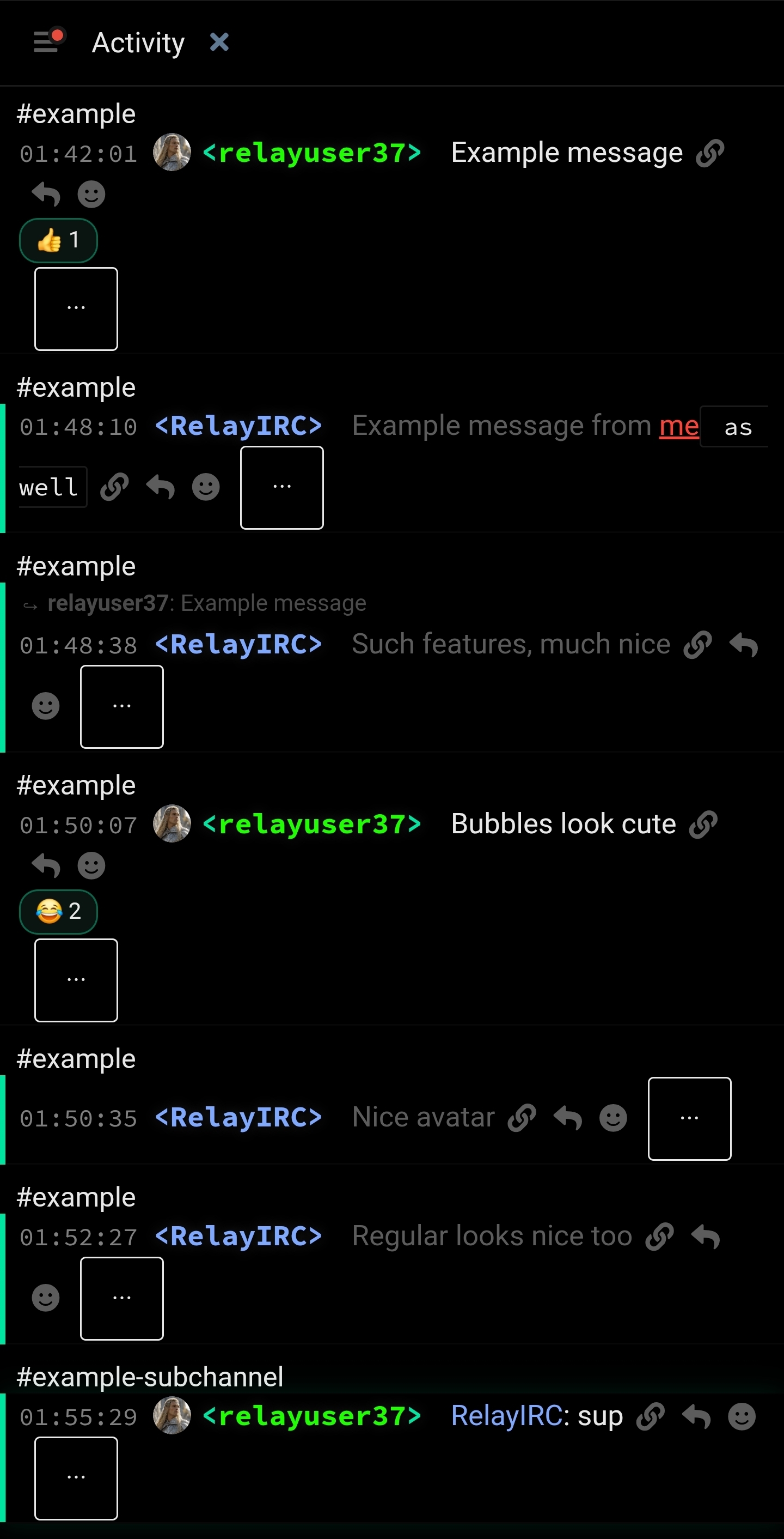 The Activity view brings together messages and reactions from example channels.