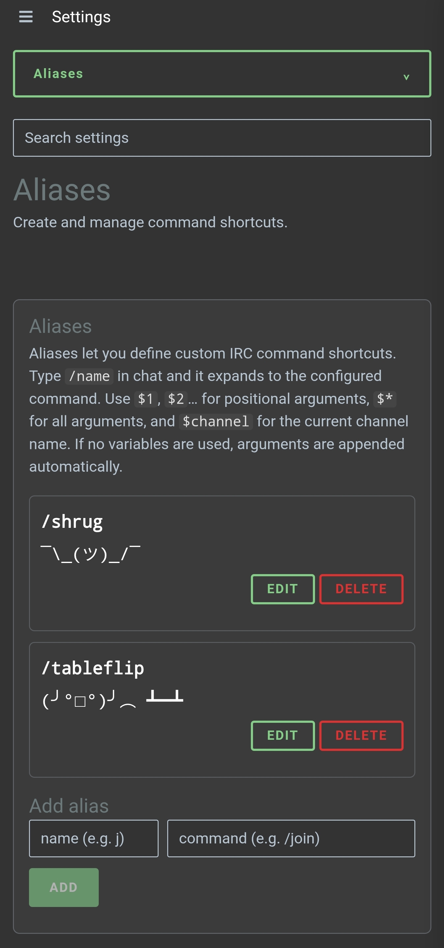 Alias settings show example command shortcuts and fields for adding another alias.