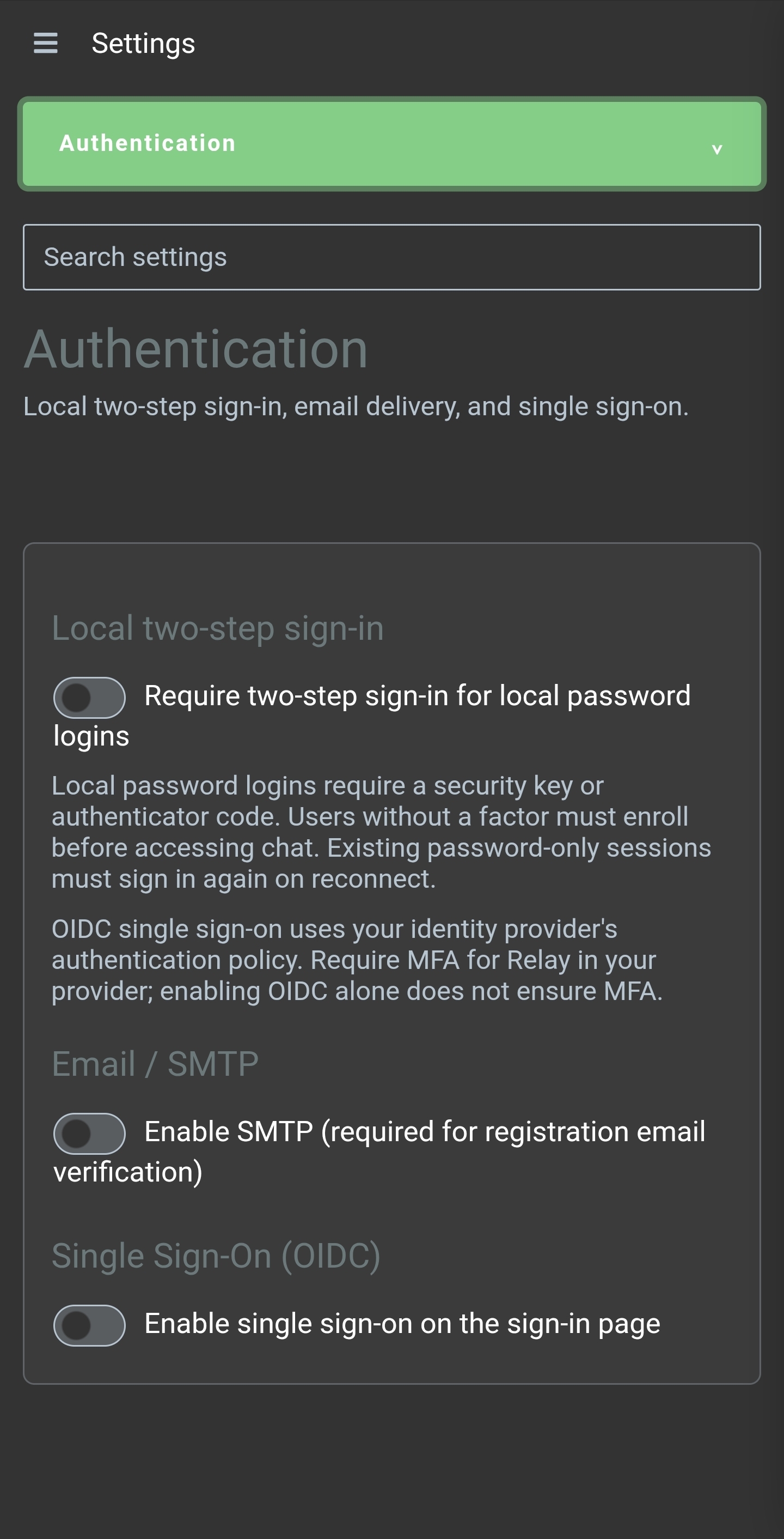 Authentication settings show two-step sign-in, email, and single sign-on switches.