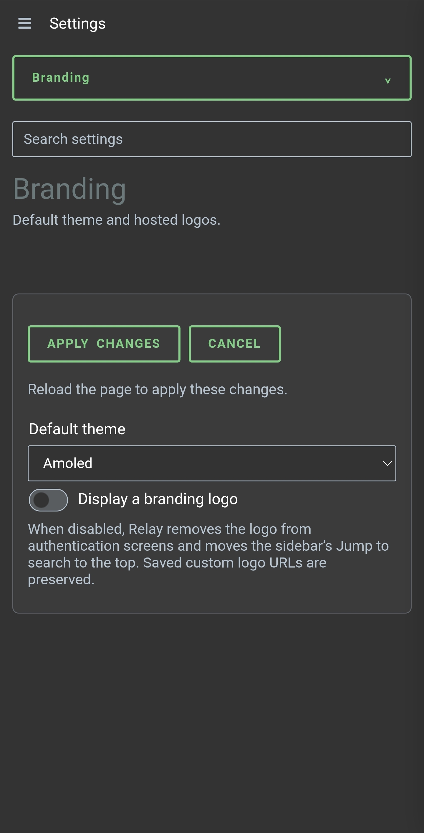 Branding settings show the default theme and the branding logo switch.