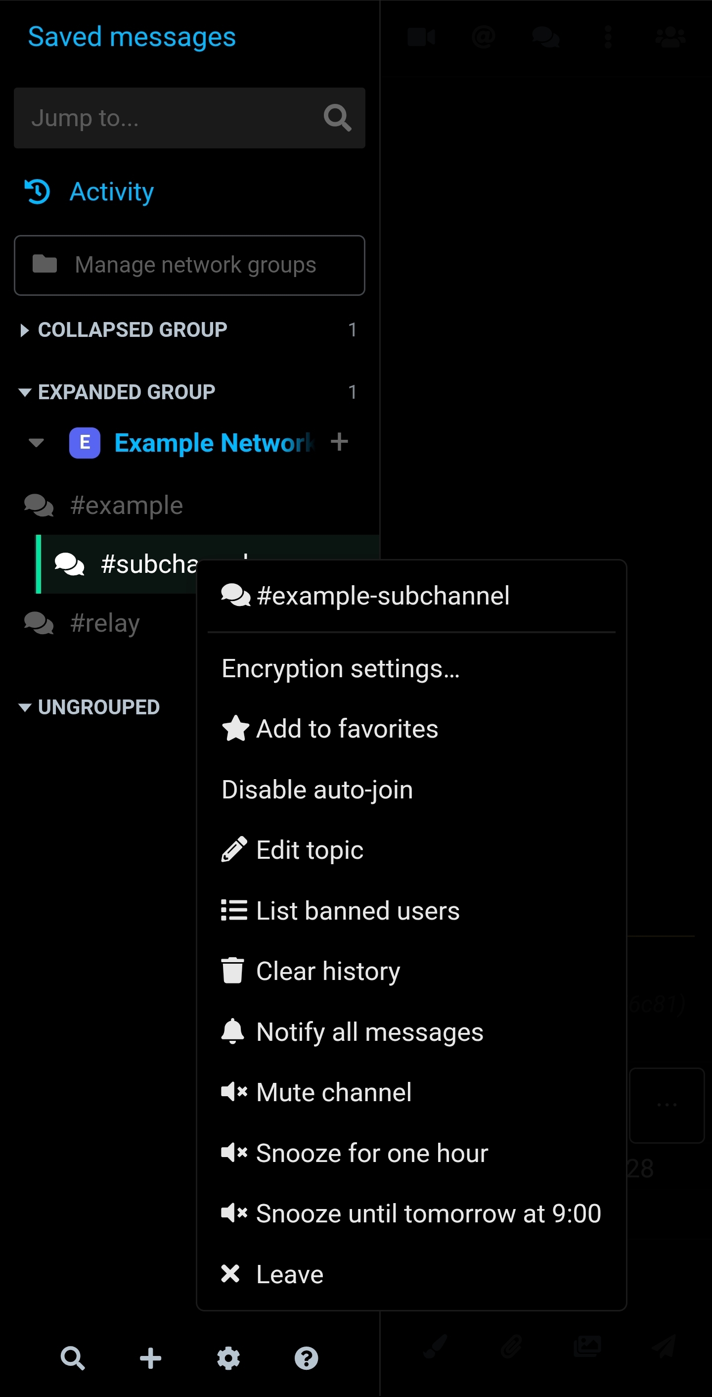 The channel menu shows favorites, auto-join, topic, notification, and snooze controls.