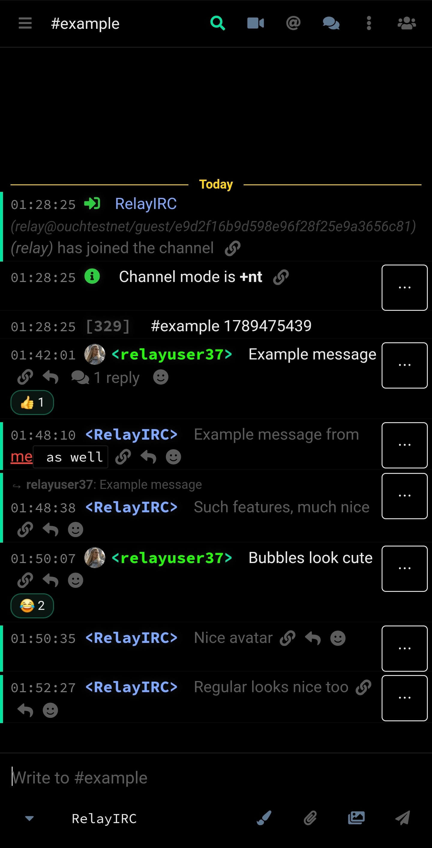 A mobile example channel with replies, reactions, and the message composer.