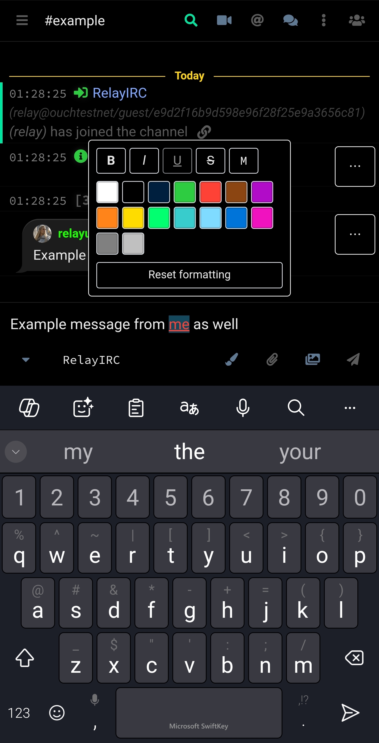 The composer formatting menu shows text styles and IRC colors above the mobile keyboard.