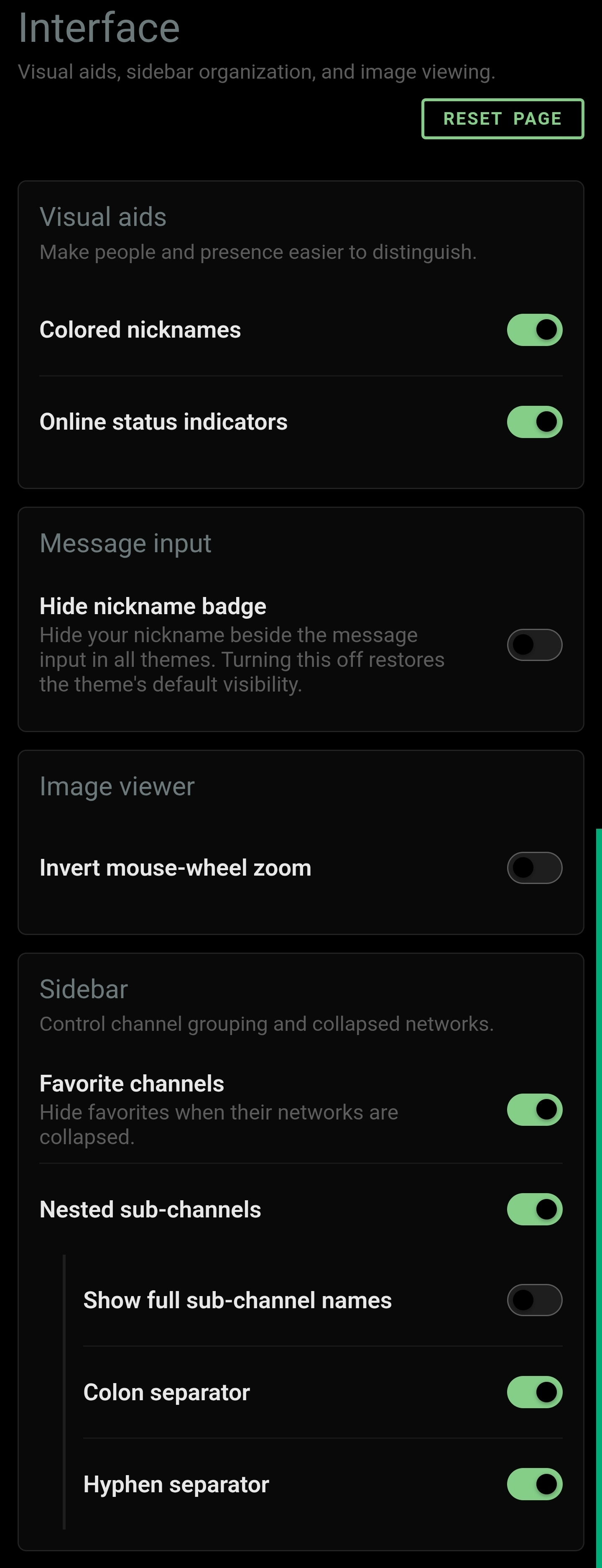 Interface settings show nickname colors, status indicators, image zoom, favorites, and nested channels.