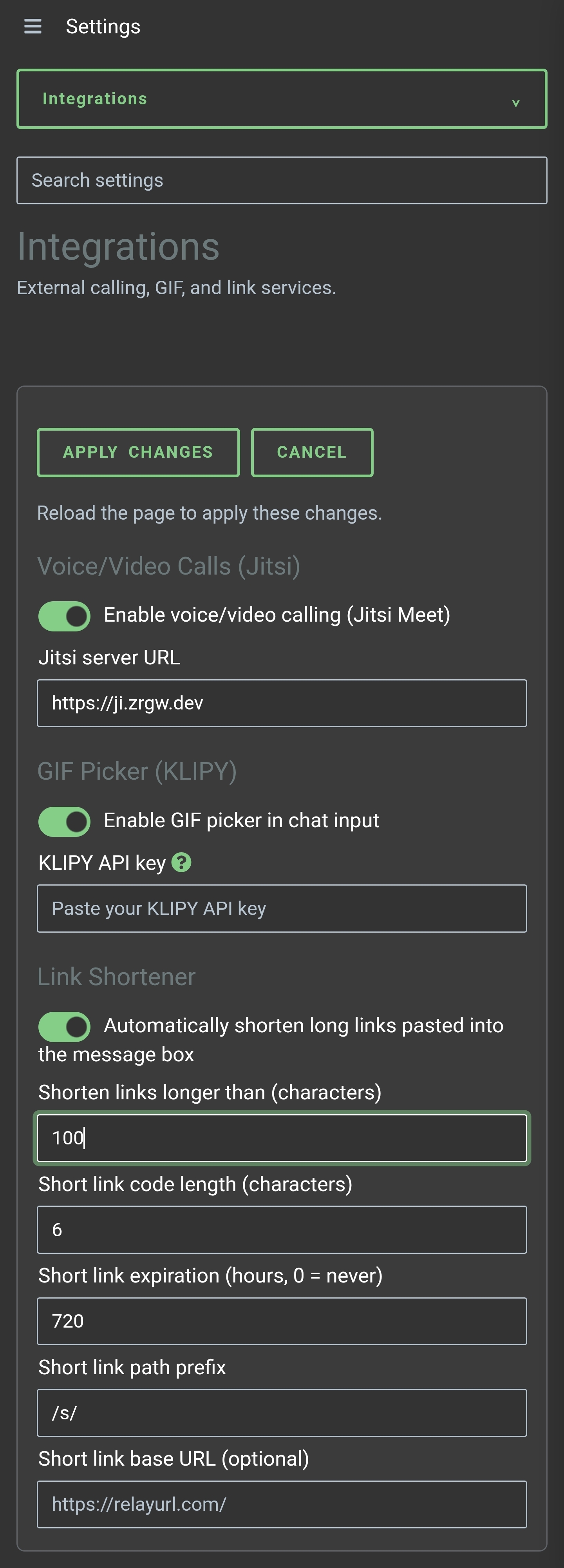 Expanded integration settings show link length, code length, expiry, path, and base URL fields.