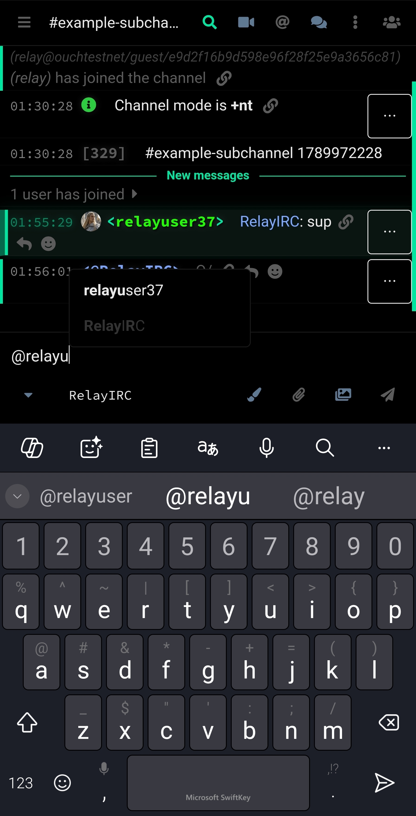 Nickname suggestions appear above the mobile keyboard while composing a mention.