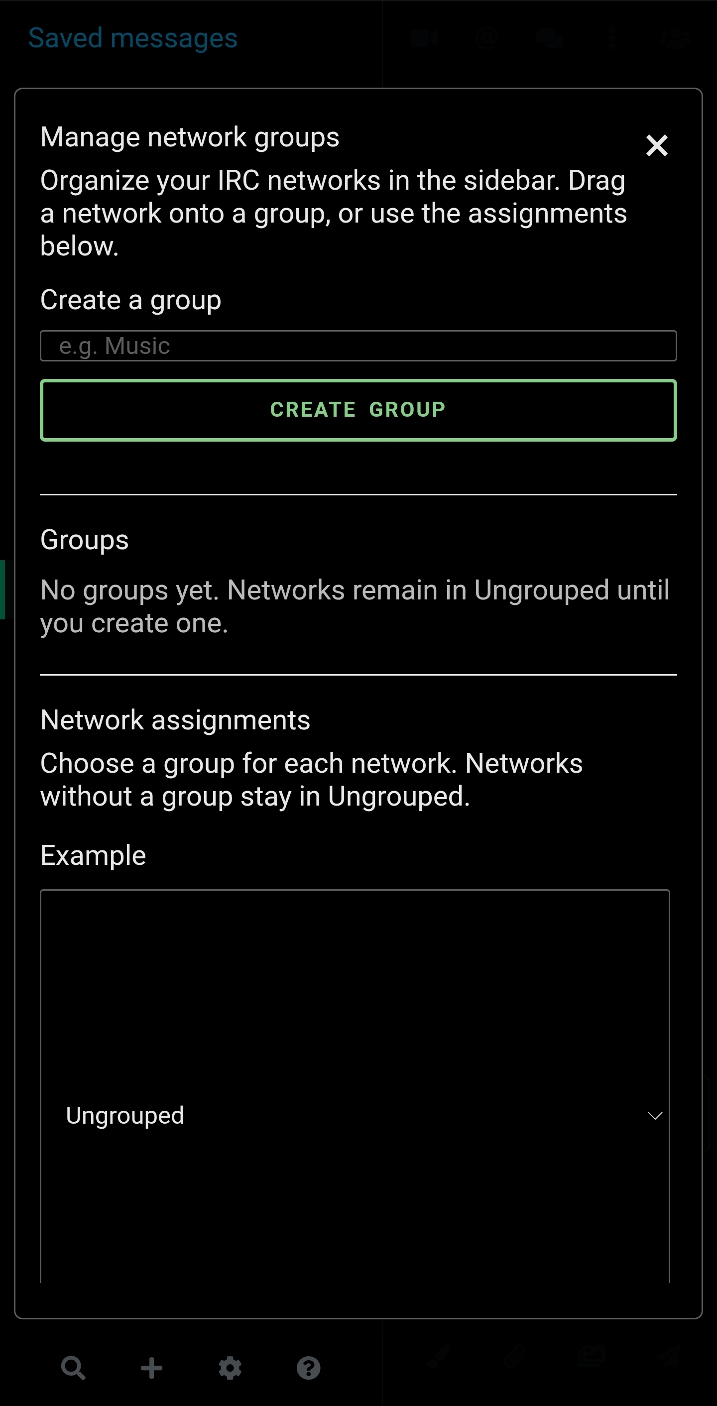 The network group dialog offers group creation and network assignment controls.