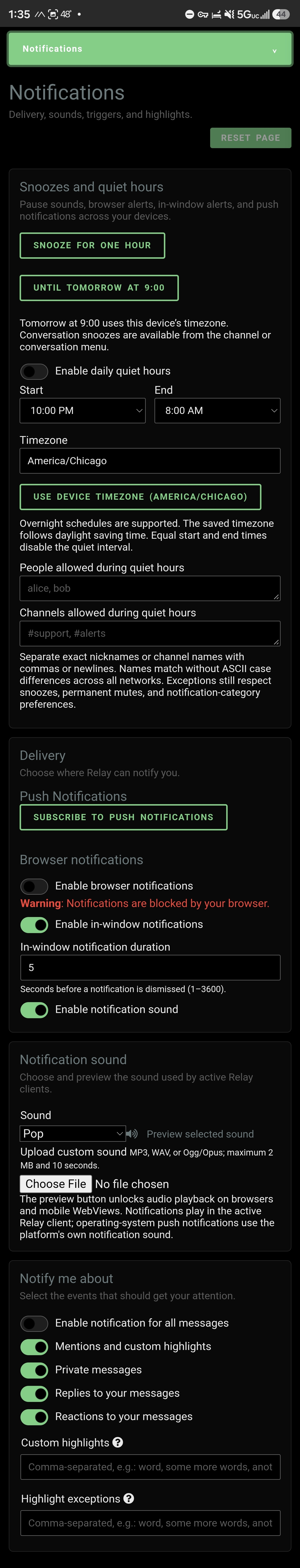 Notification settings show snoozes, quiet hours, delivery methods, sounds, and highlight controls.