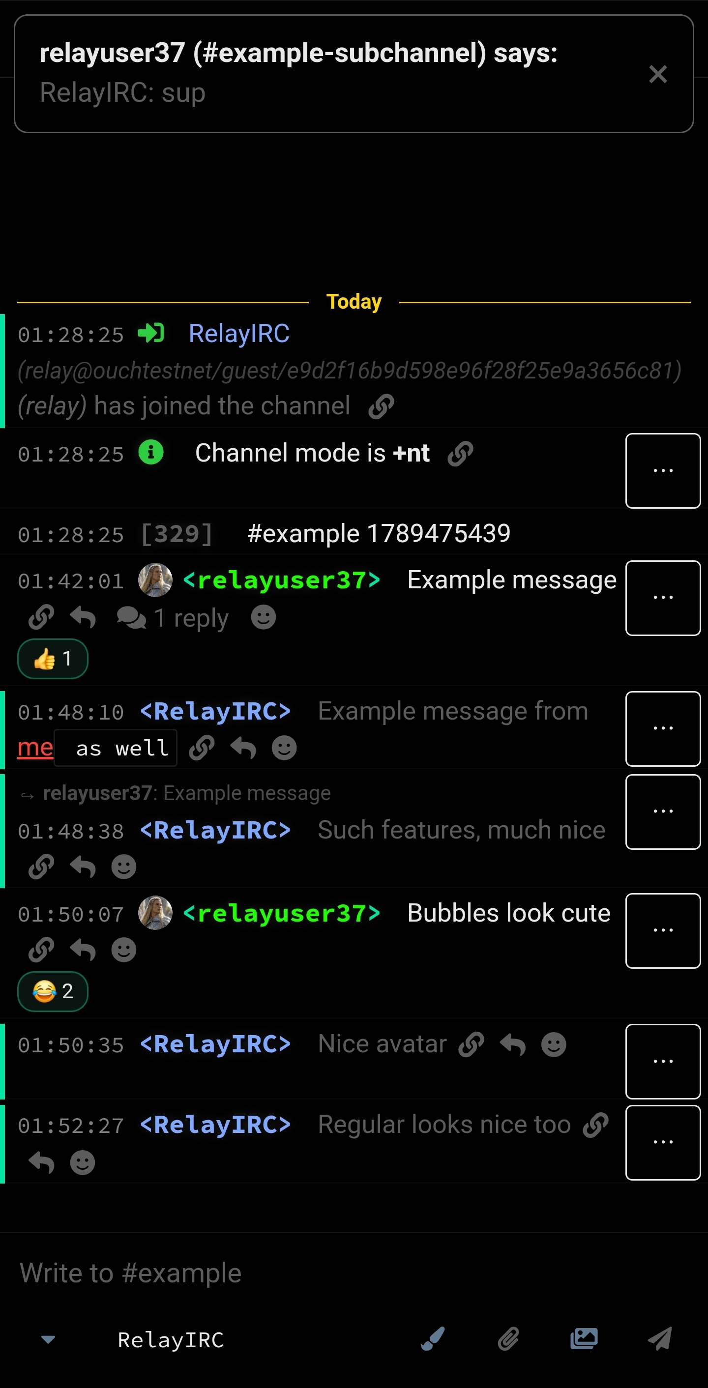 An in-window notification from an example subchannel appears above the current conversation.