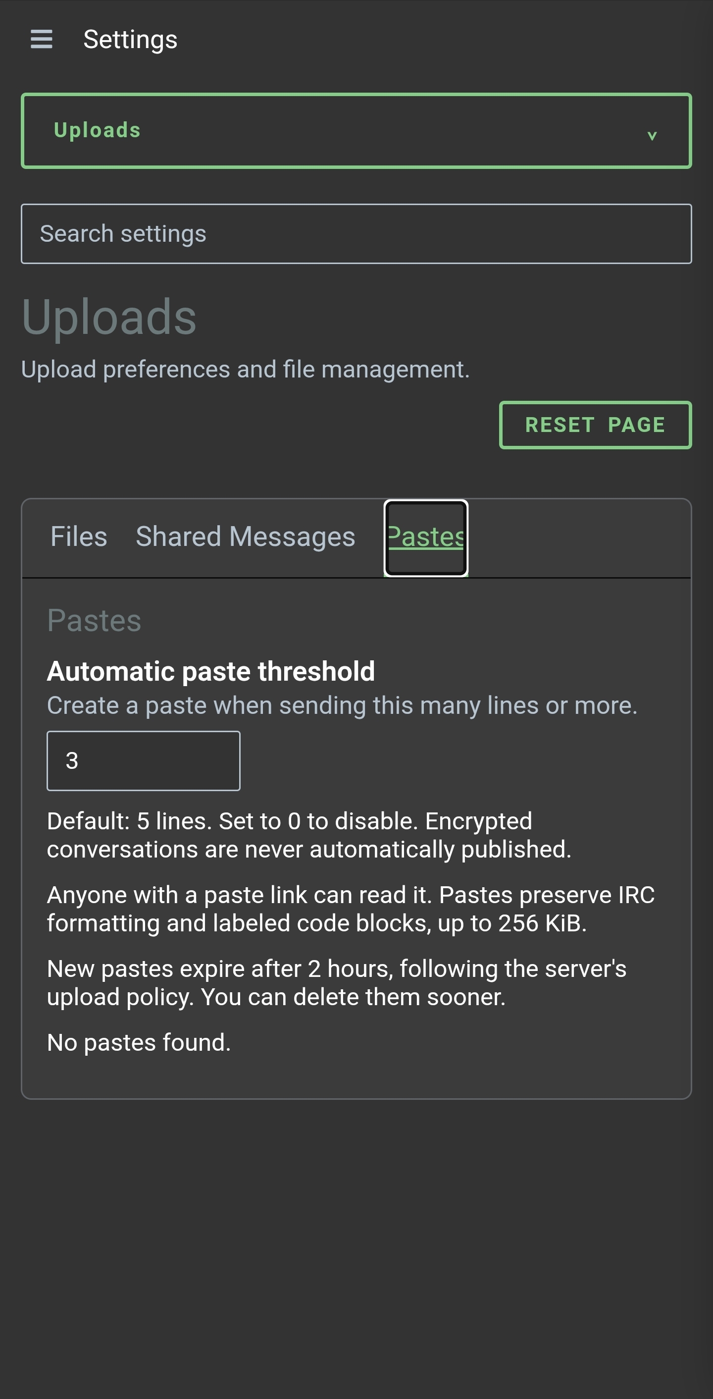 Paste settings show the automatic paste threshold and information about paste visibility and expiry.