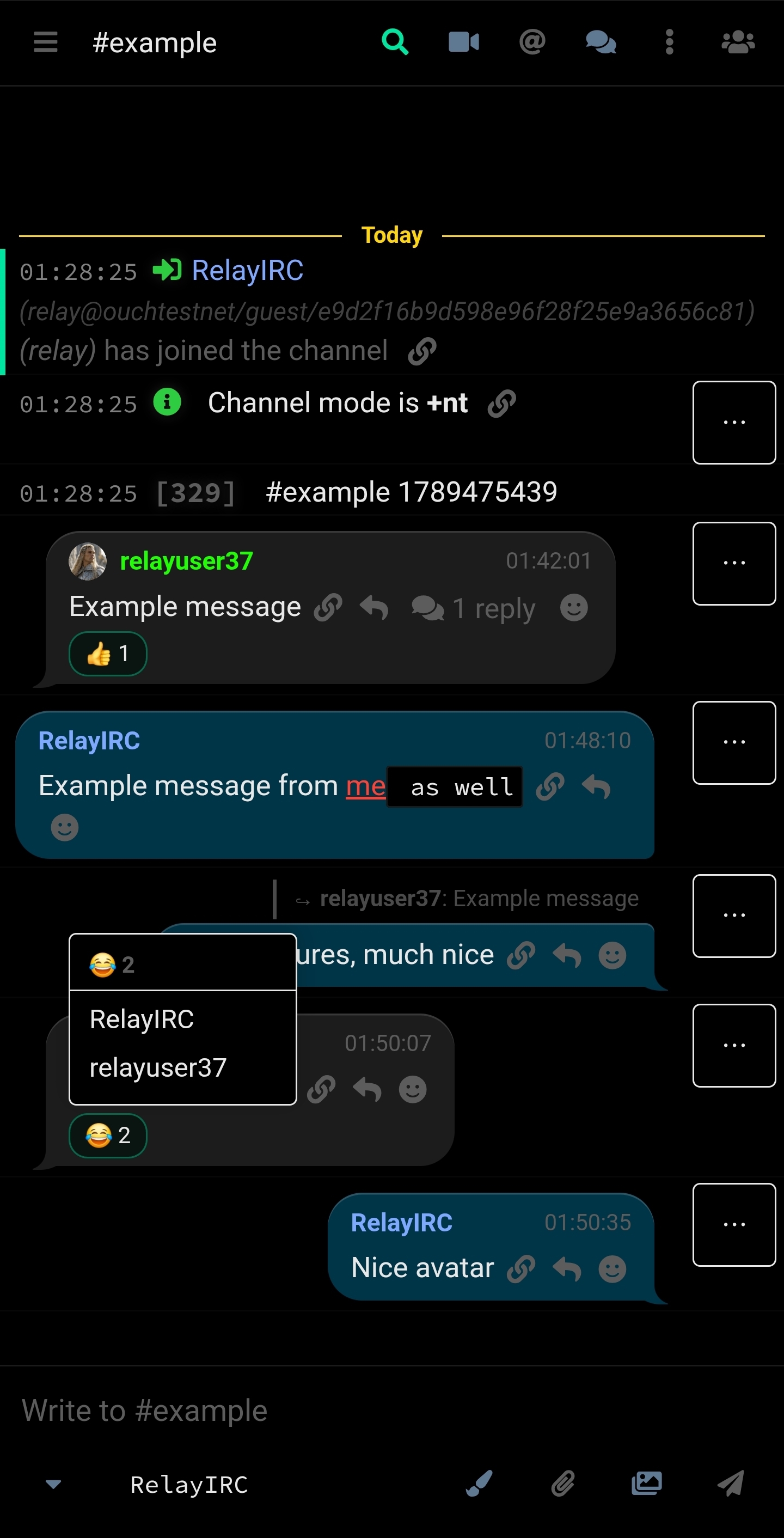 A reaction popover lists the two participants who reacted to an example message.
