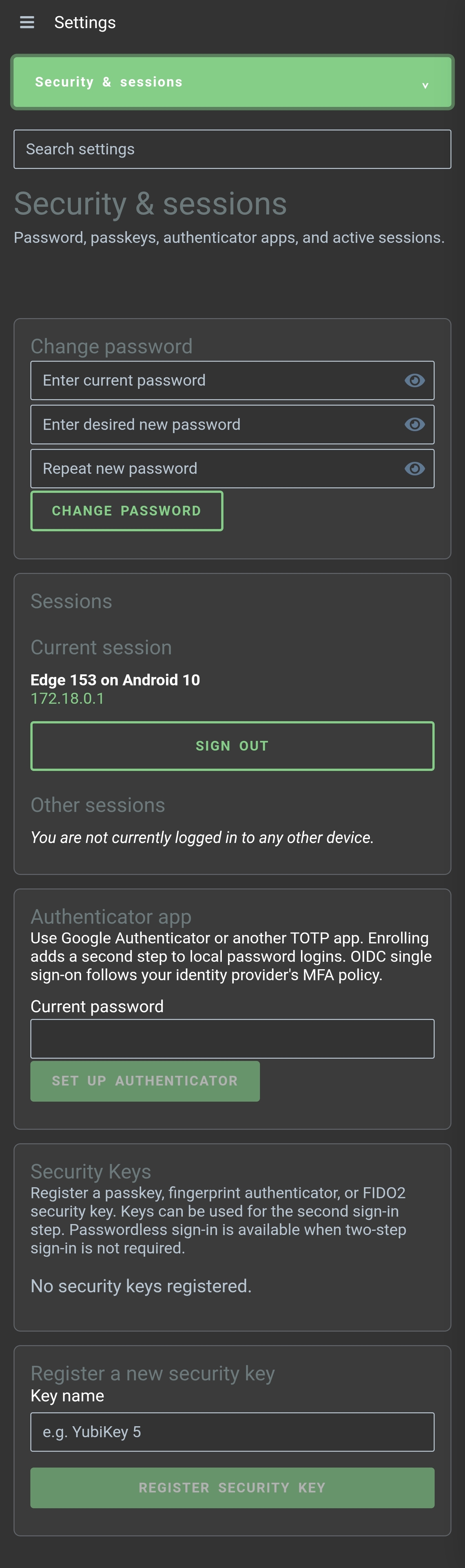 Security settings show empty password fields, a local session, authenticator setup, and security key registration.