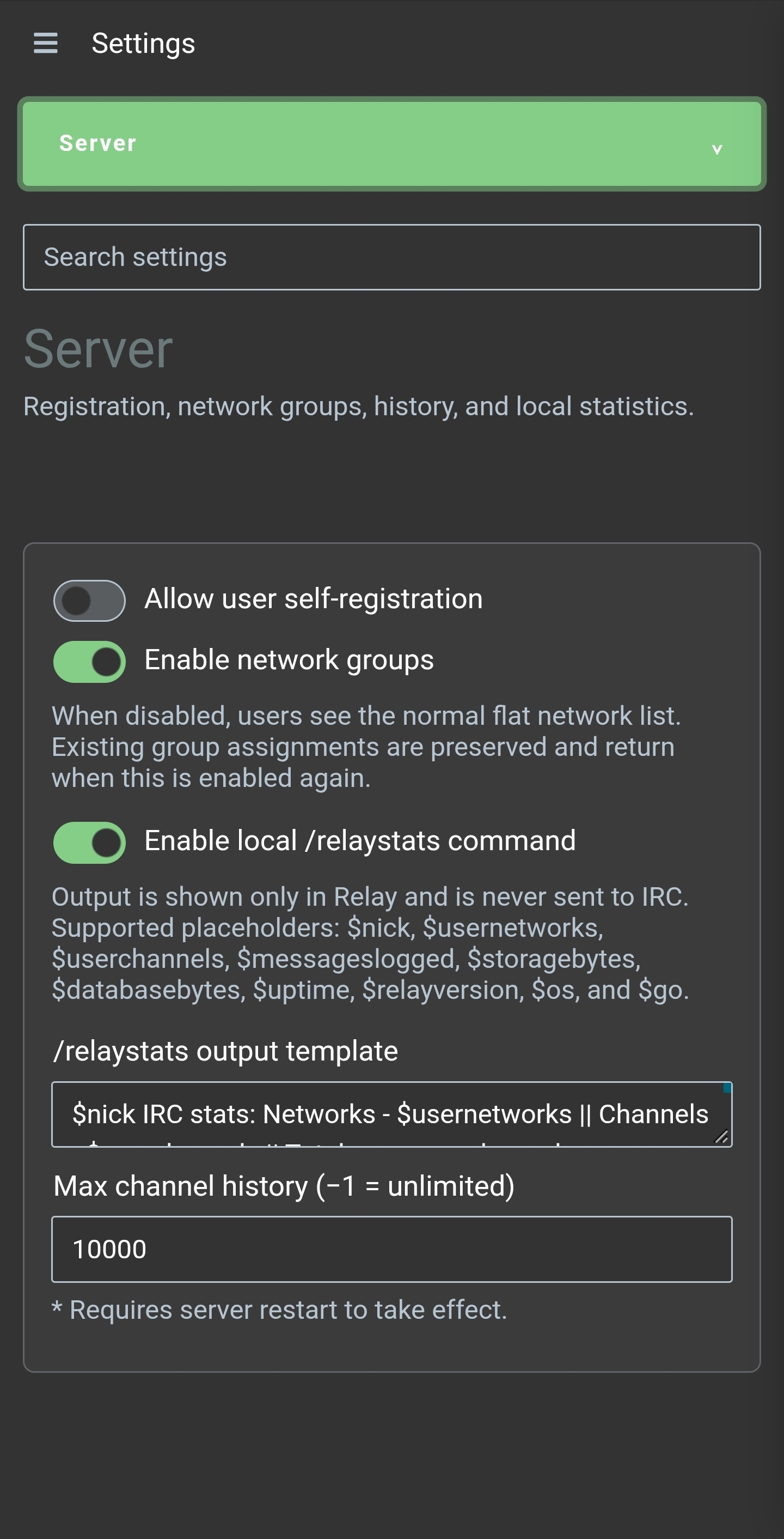 Server settings show registration, network groups, local statistics, and channel history controls.