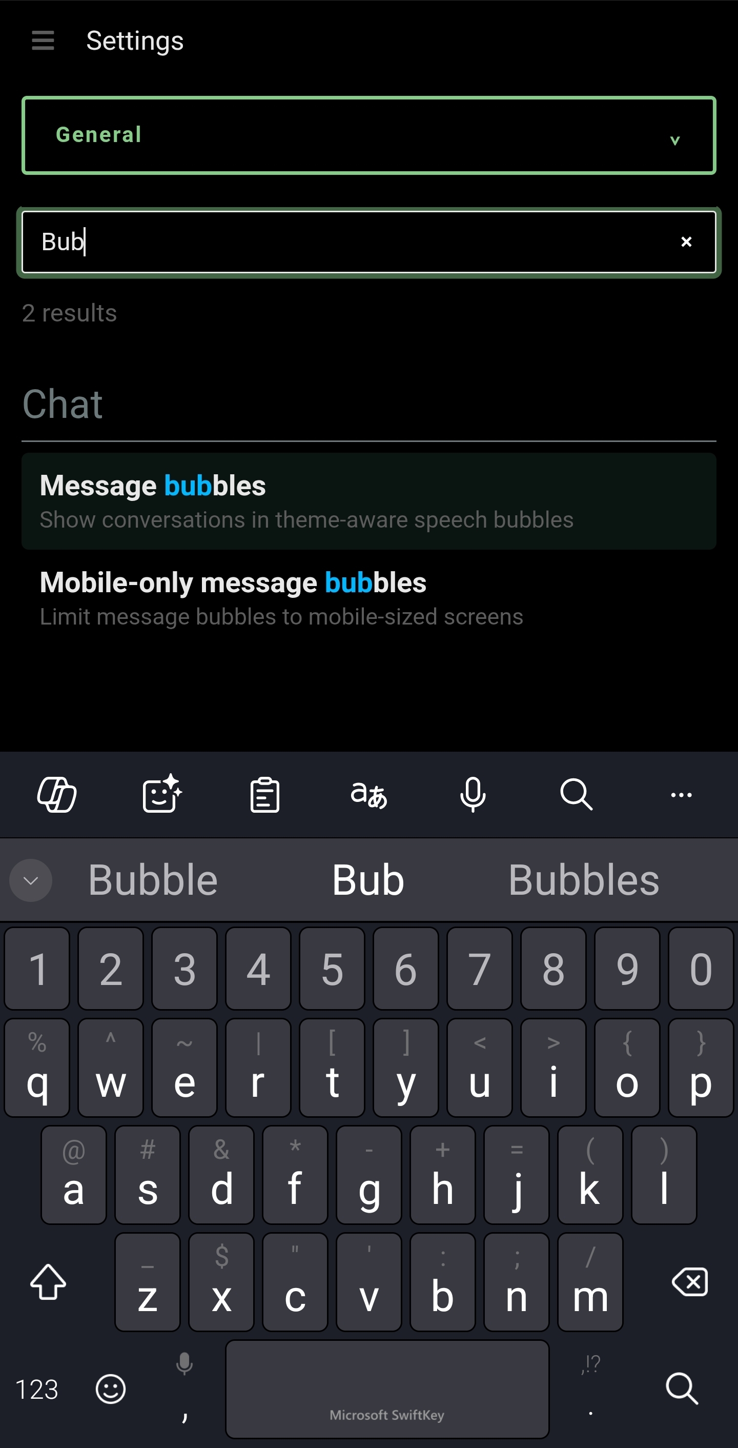 A settings search for bubbles finds message bubble and mobile-only bubble options.