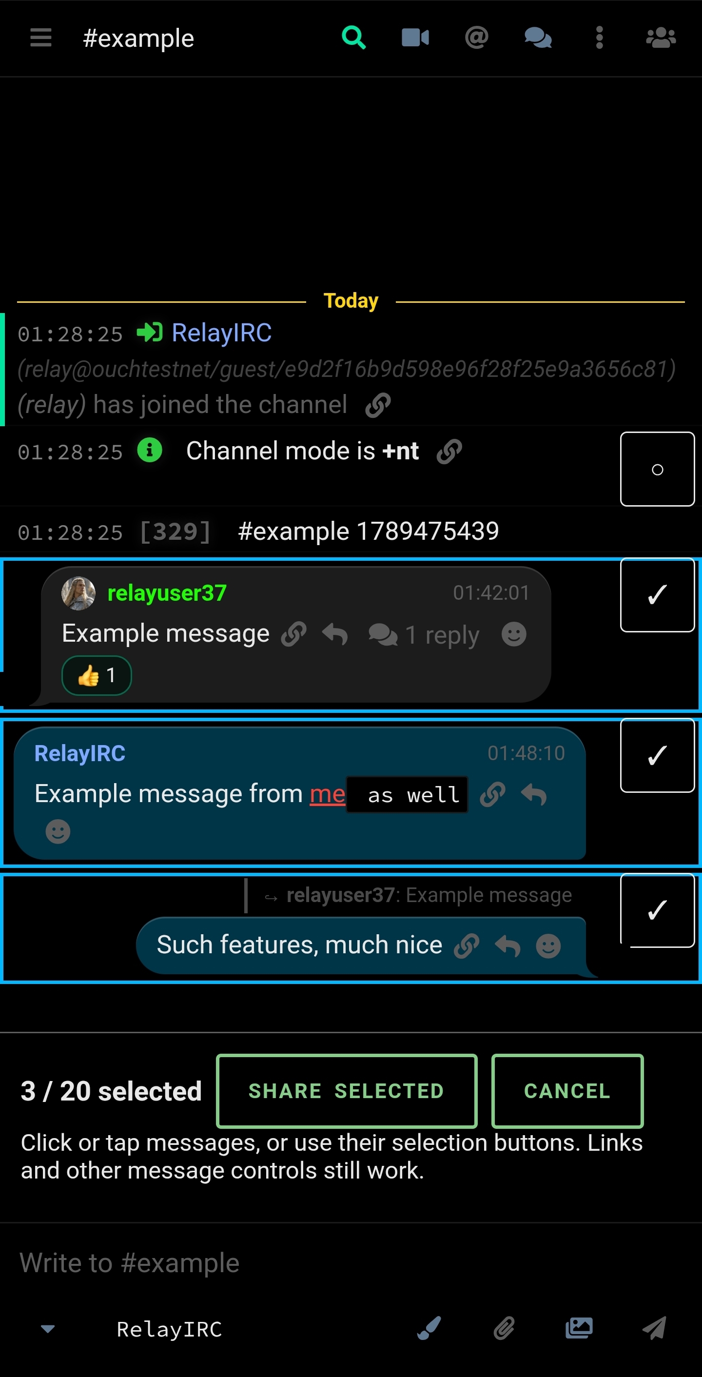 Three example messages are selected with a Share selected action below the conversation.