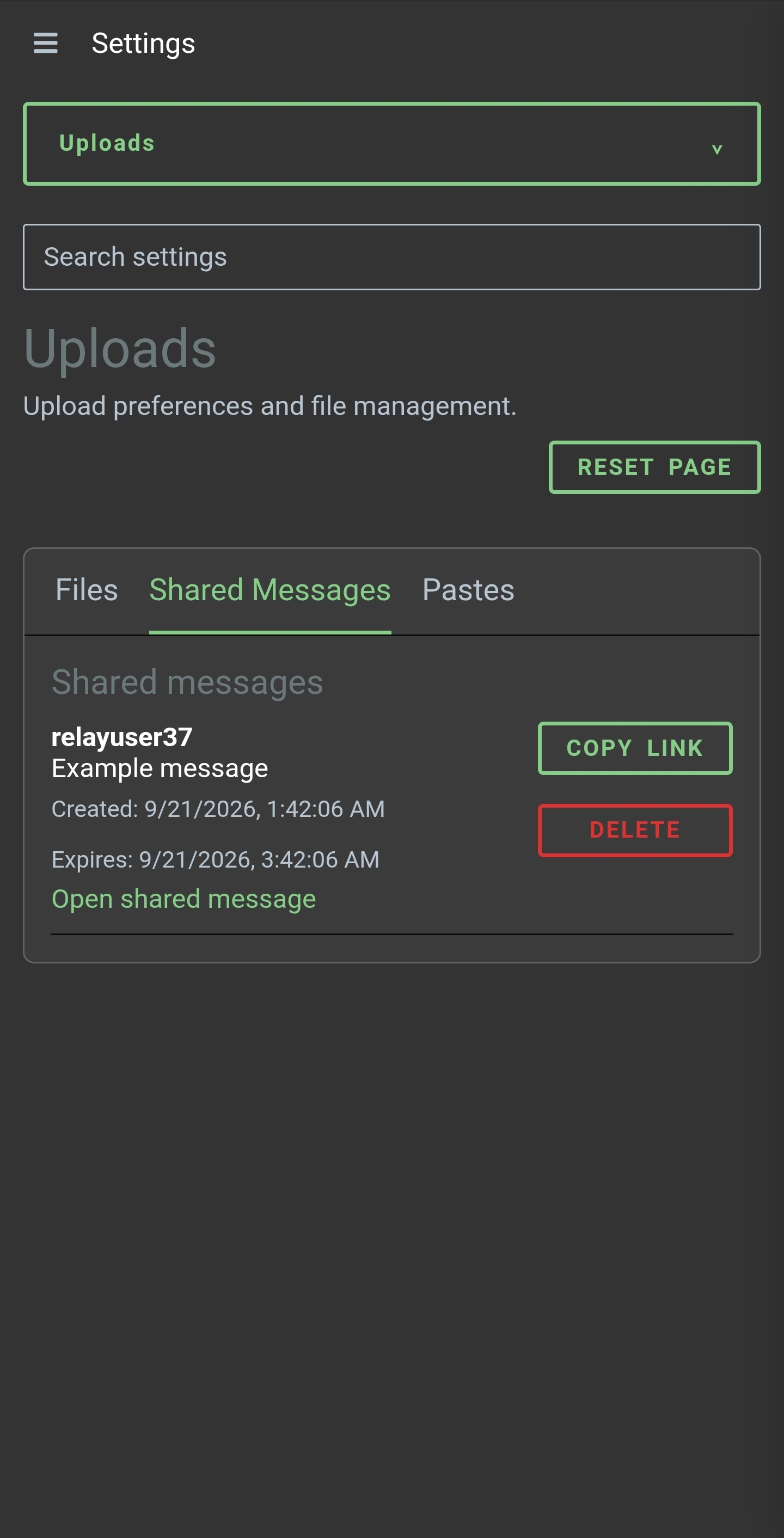 Upload settings list a shared example message with copy-link, expiry, and delete controls.