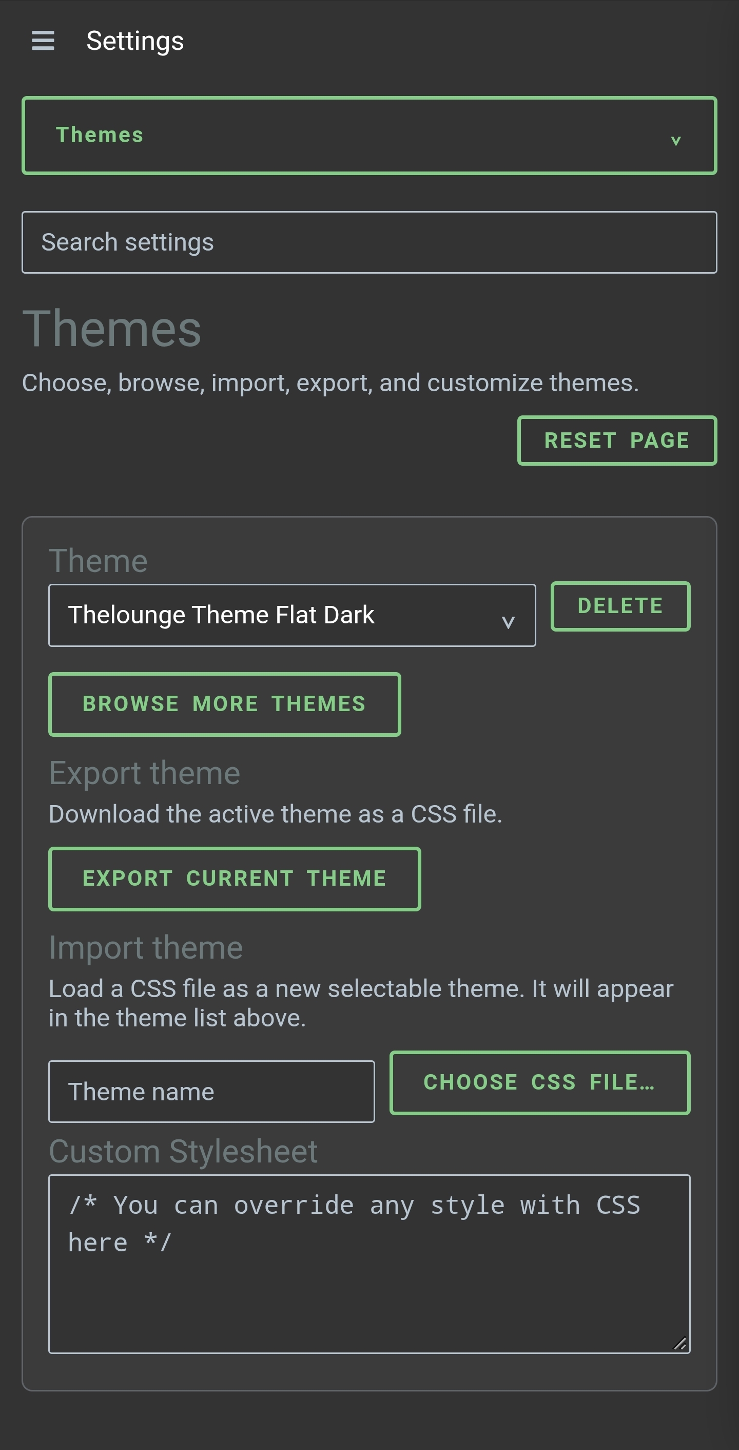 Theme settings show theme selection, browsing, import, export, and custom stylesheet controls.