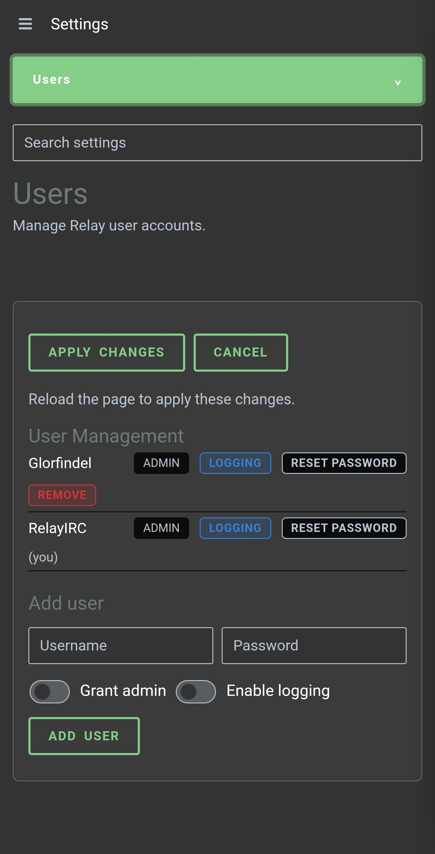 User management shows administrator accounts and empty fields for creating another account.