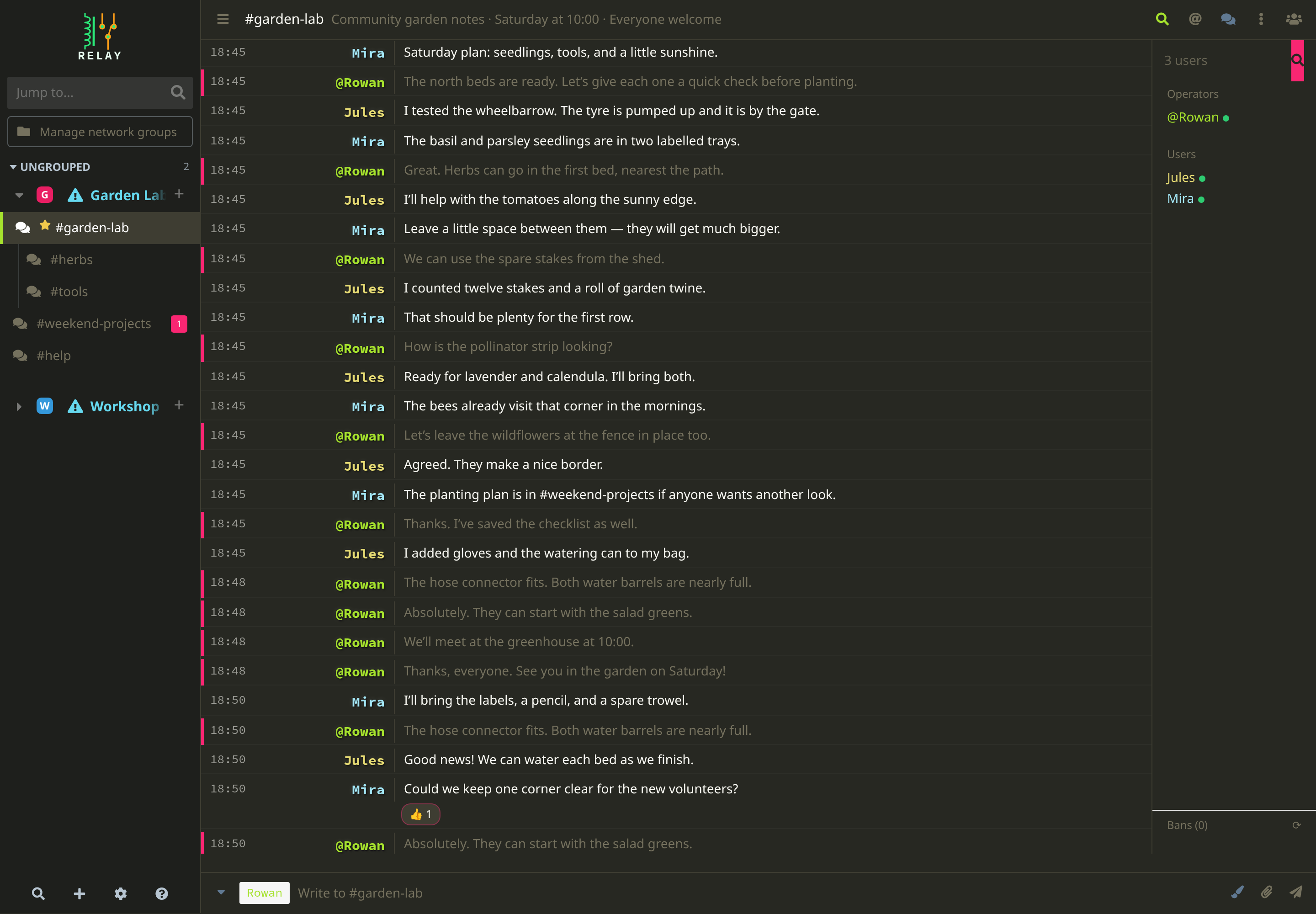 The garden planning conversation in Relay’s Monokai theme.