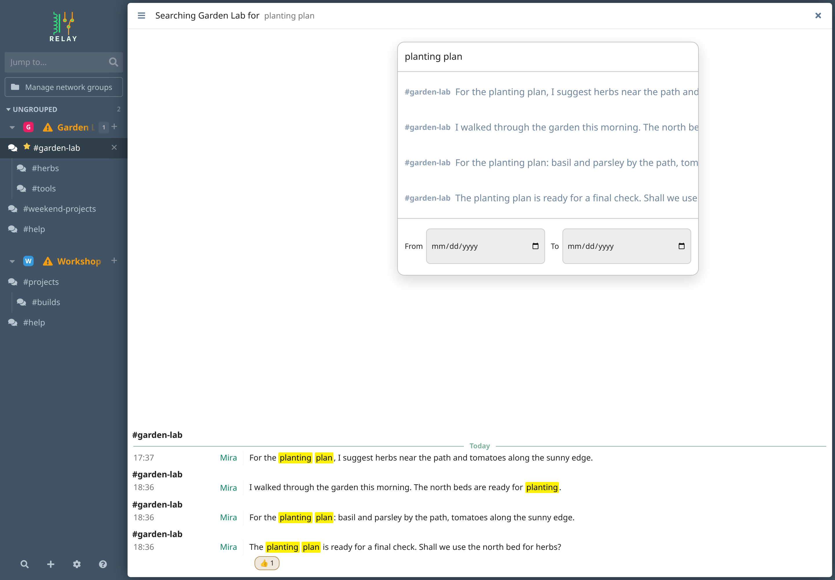 Relay message search showing results for planting plan in the garden-lab channel.