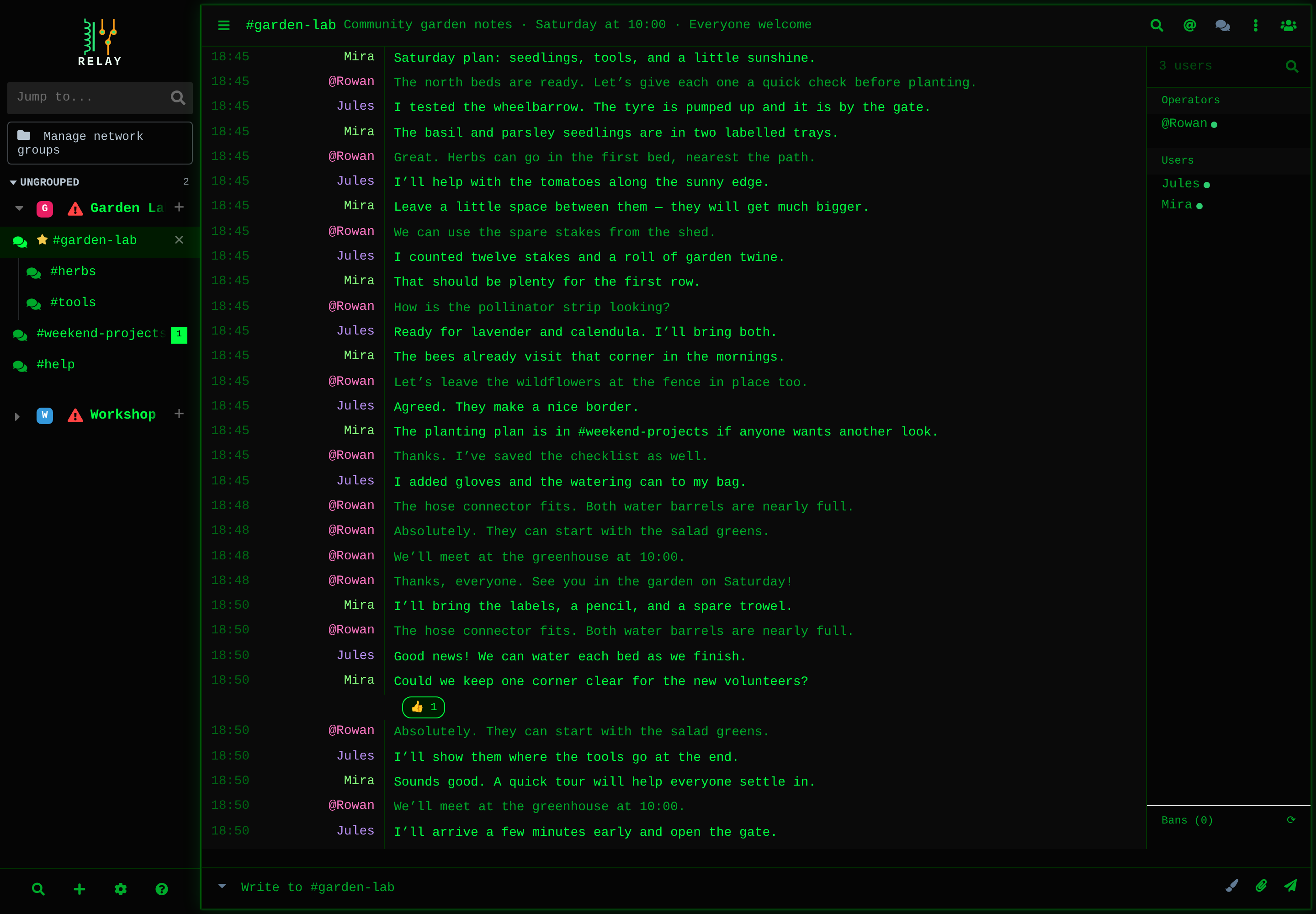 The garden planning conversation in Relay’s Terminal theme.